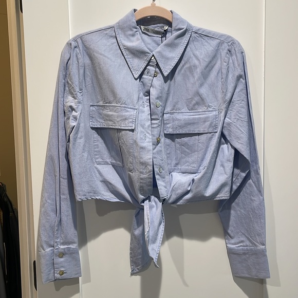 Zara cropped blue button down top - Picture 1 of 5